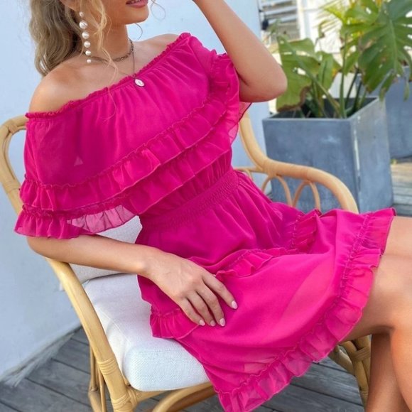 Off shoulder Ruffle Hem Mini Dress hot pink - Picture 2 of 8